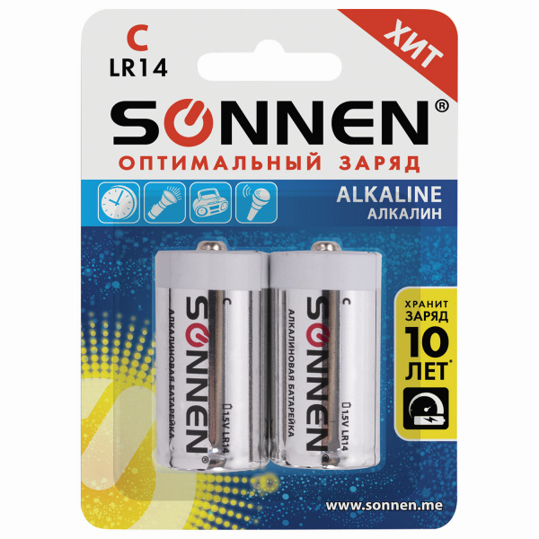 Батарейка SONNEN Alkaline, С (LR14, 14А), алкалиновая, блистер, 451090 
