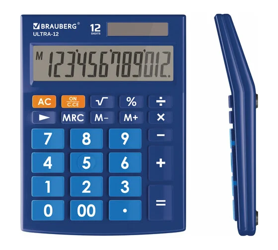 Калькулятор настольный BRAUBERG CH-12-BU (153х103 мм), 12 разрядов, двойное питание, синий, 272959