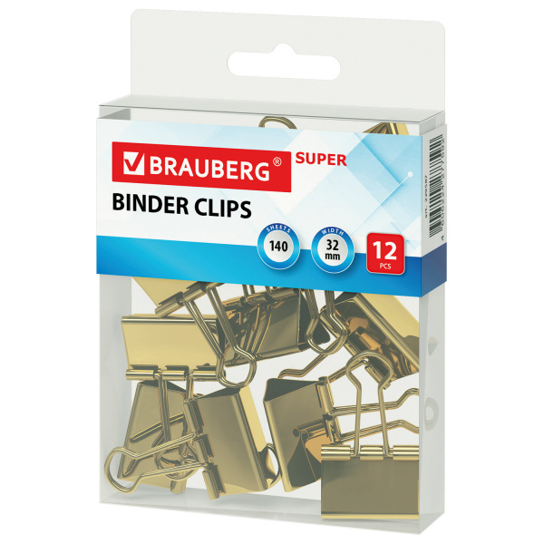 Зажимы для бумаг 32мм BRAUBERG EXTRA, 12шт., на 140 л., золотистые