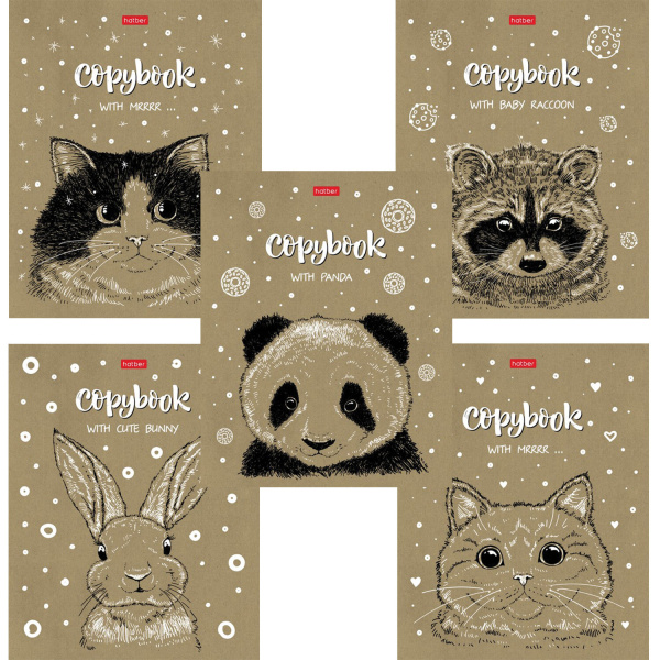 Тетрадь 48л. клетка HATBER, скоба, обложка крафт-картон, Милые зверьки (5 видов в спайке), 48Т5В1