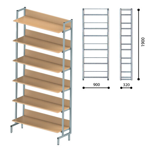 Стеллаж на металлокаркасе односторонний 1900х900х510 мм, серый каркас, 6 полок ЛДСП бук