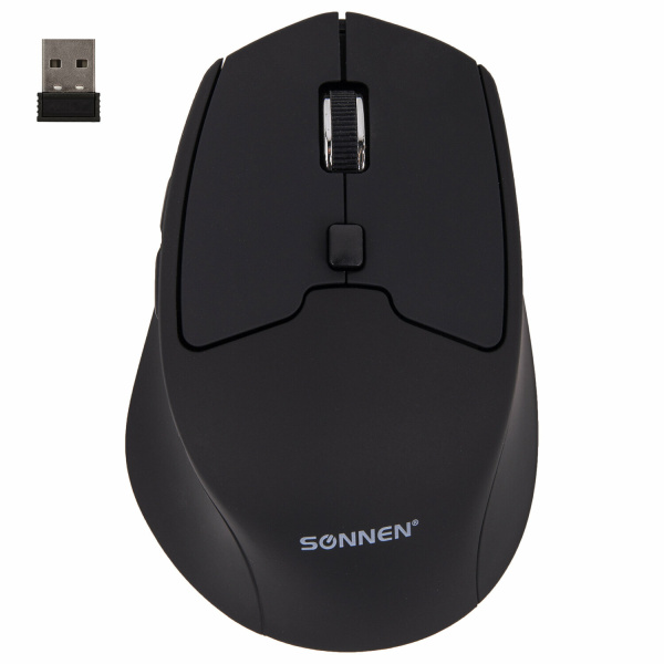 Мышь беспроводная SONNEN V33, USB, 800/1200/1600 dpi, 6 кнопок, оптическая, черная, SOFT TOUCH, 5135