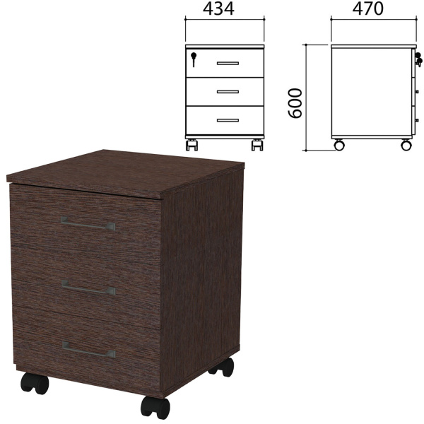 Тумба подкатная "Приоритет", 434х470х600 мм, 3 ящика, замок, венге, К-923, К-923 венге 
