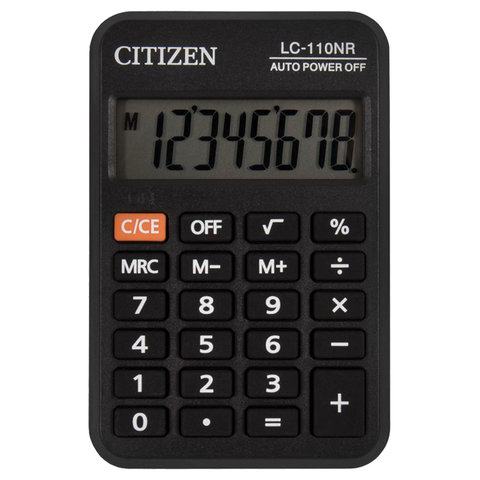 Калькулятор CITIZEN карманный LC-110N, 8 разр., пит. от батарейки, 58х87мм, черный, оригинальный Калькулятор CITIZEN карманный LC-110N, 8 разр., пит. от батарейки, 58х87мм, черный, оригинальный