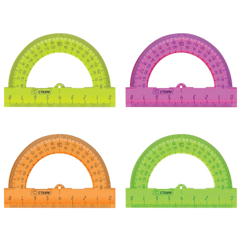 Транспортир СТАММ 8 см, 180градусов, тонированный, ассорти, 4 цвета, ТР01 