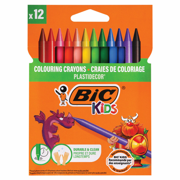 Восковые карандаши BIC KIDS "Пластидекор" 12цв., заточен., в картон. упак. с европодвесом, 829770