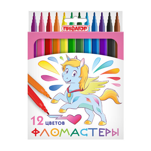 Фломастеры ПИФАГОР "ЕДИНОРОГ", 12 цветов, вентилируемый колпачок, 152448