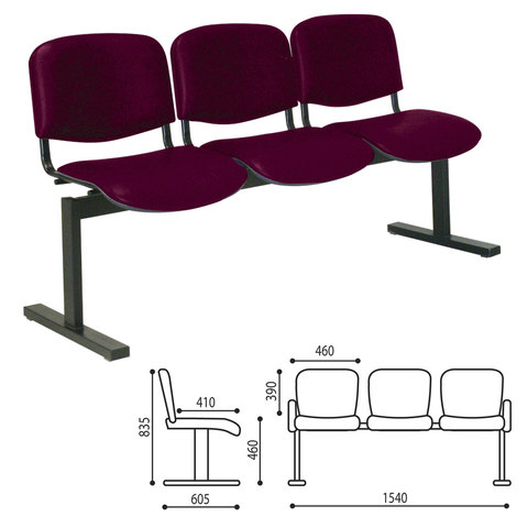 Кресло для посетителей трехсекционное "Трио", 850х1550х640 мм, черный каркас, бордовый кожзаменитель