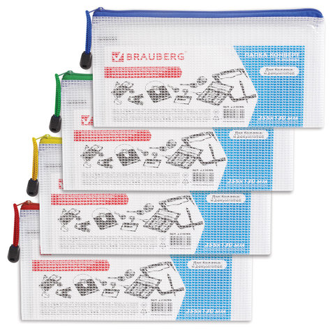 Папка-конверт на молнии МАЛЫЙ ФОРМАТ (255х130 мм), сетка, прозрачная, 0,2 мм, BRAUBERG "Segment"