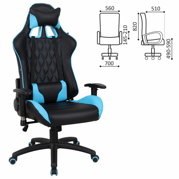 Кресло компьютерное BRABIX GT Master GM-110, две подушки, экокожа, черное/голубое, 531928