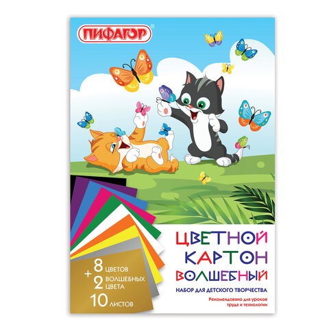 Картон цветной А4 немелованный (матовый), ВОЛШЕБНЫЙ, 10 листов 10 цветов, в папке, ПИФАГОР, 200х290 