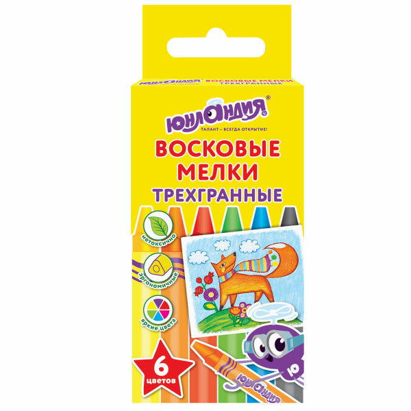 Восковые карандаши трехгранные ЮНЛАНДИЯ "ЮНЛАНДИК И МУДРЫЙ ЛИС", НАБОР  6 цв.,227288