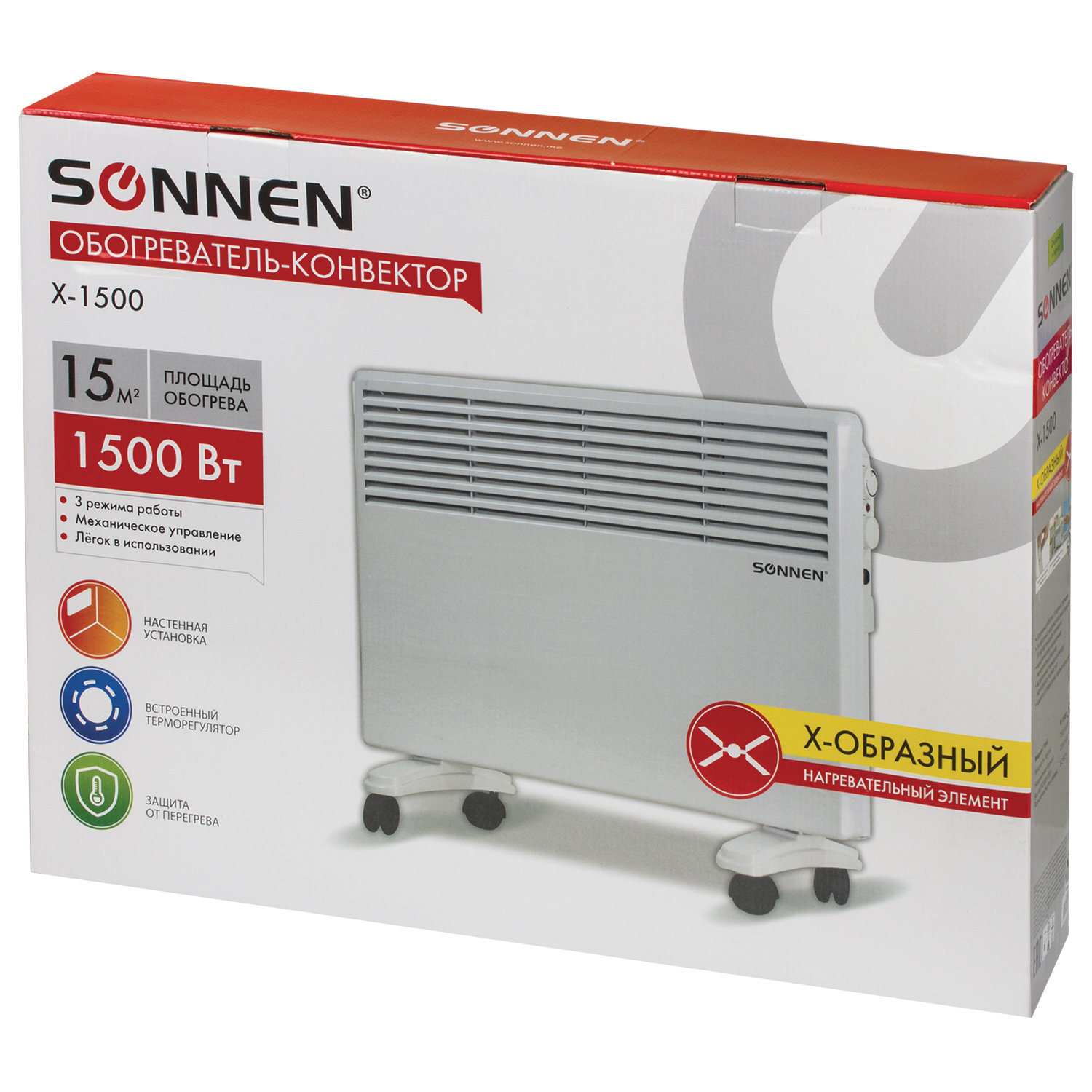 Обогреватель-конвектор SONNEN X-1500, 1500 Вт, напольная/настенная установка, белый