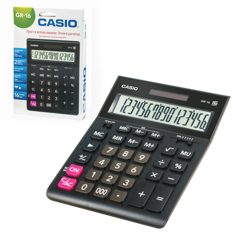 Калькулятор CASIO настольный GR-16-W, 16 разрядов, двойное питание, 209х155 мм, европодвес, черный