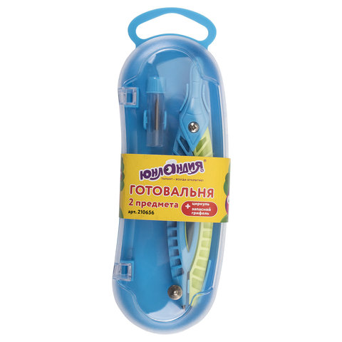 Готовальня ЮНЛАНДИЯ, 2 предмета: пластиковый циркуль 120мм, грифель, пенал, ассорти, 210656