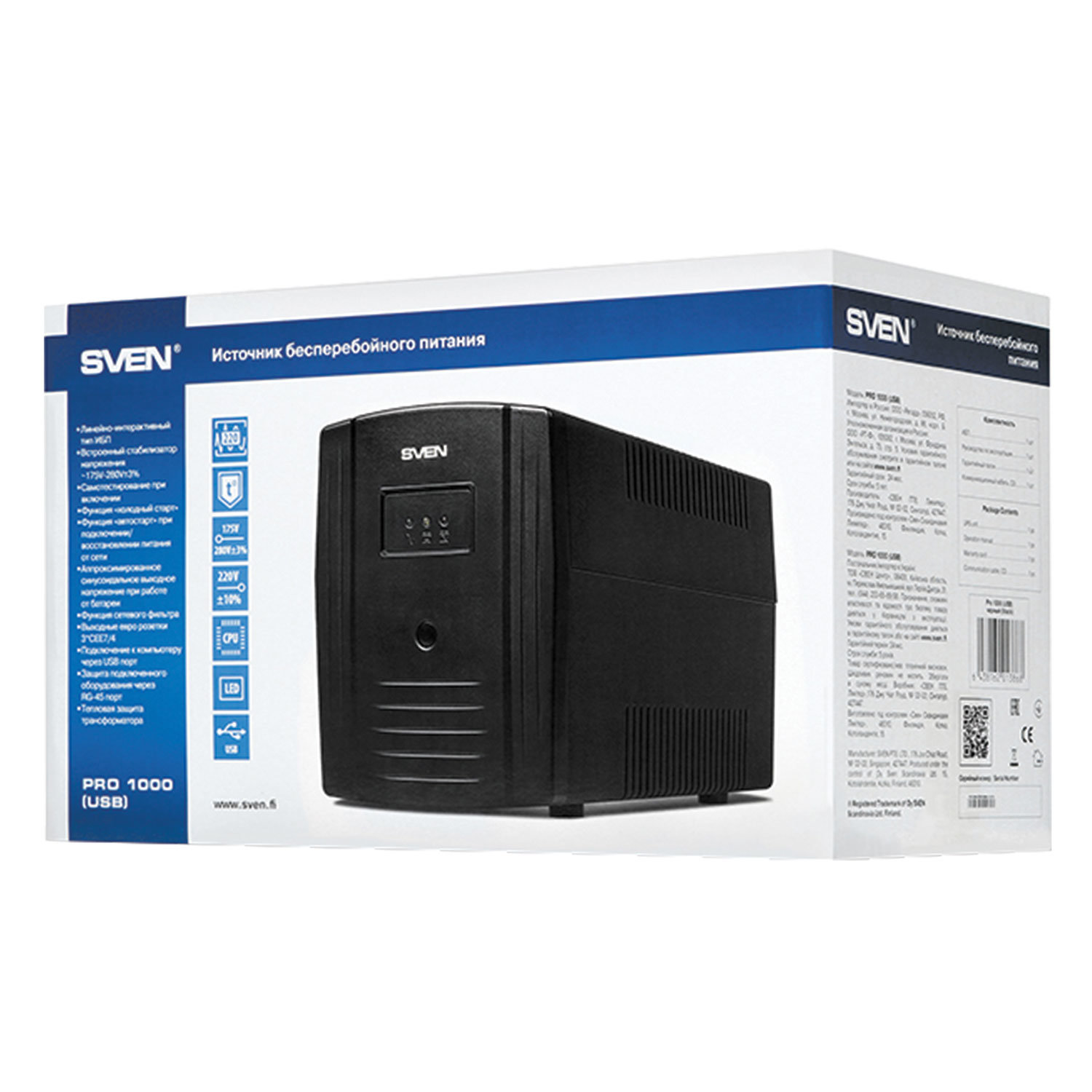 Источник бесперебойного питания SVEN Pro 1000, 1000VA (720W), 3 евророзетки, 2 розетки RJ45, SV-0138