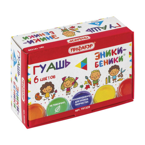 Гуашь ПИФАГОР "Эники-Беники", 6 цветов по 10 мл, без кисти, картонная упаковка