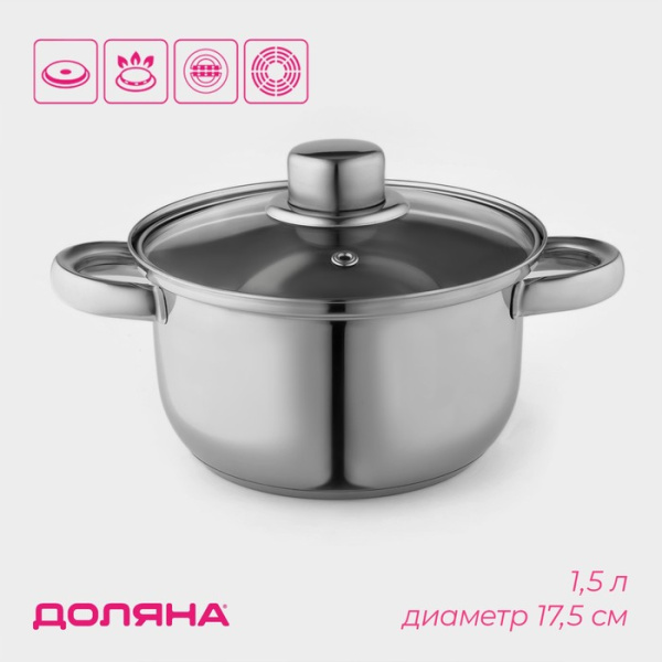 Кастрюля из нержавеющей стали 1,5 л, d=17 см с крышкой Доляна «Роскошь»