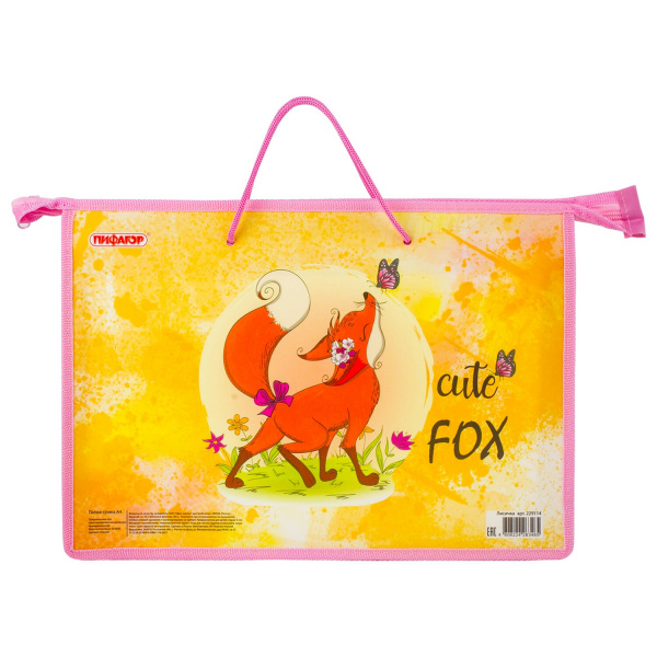 Папка на молнии с ручками ПИФАГОР А4, 1 отделение, пластик, молния сверху, FOX, 229114