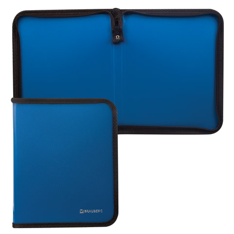 Папка на молнии пластиковая, А5, объемная, 235х185х20 мм, тонированная синяя, BRAUBERG, Россия, 2260