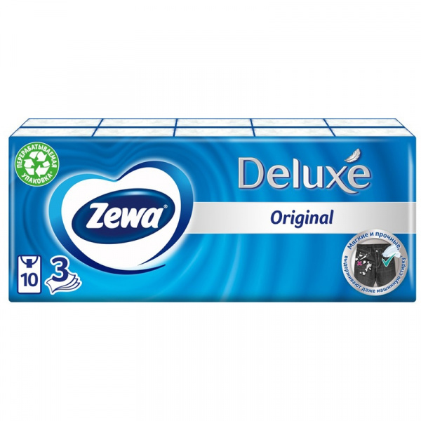 Платки бумажные носовые Zewa "Deluxe" 3-х слойные, 19*21см, белые, 10 пачек по 10шт.