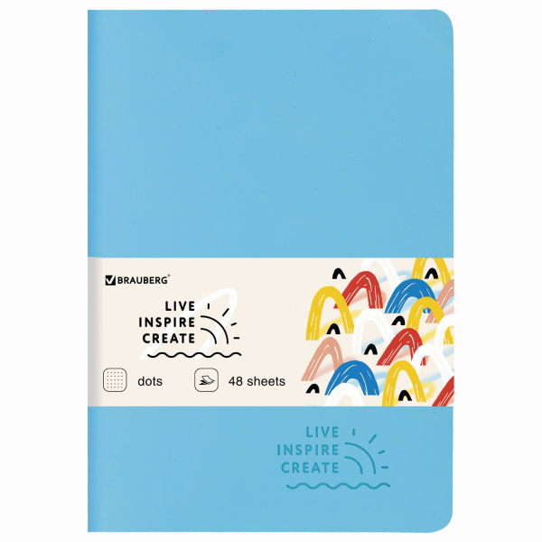 Тетрадь 48л, в точку BRAUBERG, кожзам SoftTouch, голубой,  RAINBOW, сшивка