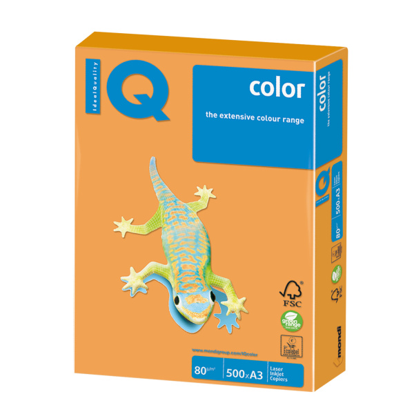 Бумага IQ (АйКью) color А3, 80 г/м, 500 л., неон оранжевая NEOOR ш/к 12634