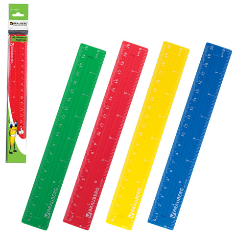 Линейка BRAUBERG "Crystal Vivid" 20см, непрозрачная, флуоресцентная ассорти,упак.с европодвес,210287