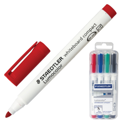 Маркеры для доски STAEDTLER (Германия) "Lumocolor", набор 4 штуки, круглые, 1-2 мм, (черный, синий, 