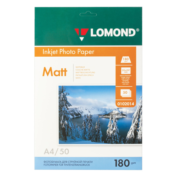 Фотобумага LOMOND д/струйной печати А4, 180г/м, 50л., односторонняя, матовая (0102014)
