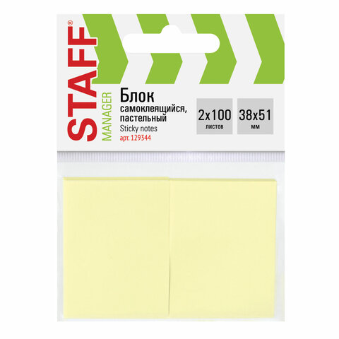 Блок самоклеящийся STAFF 38х51мм, 2х100л., желтый Блок самоклеящийся STAFF 38х51мм, 2х100л., желтый