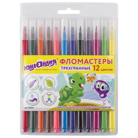 Фломастеры ЮНЛАНДИЯ 12 цв., "ЗООПАРК", трехгранные, смываемые, вентилируемый колпачок, 151425