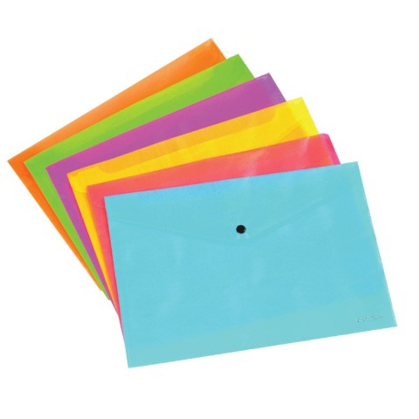Папка-конверт с кнопкой прозрачная ERICH KRAUSE "NEON" (Неон), А4, 6 цветов ассорти, 0,14мм, 31011