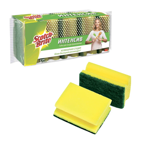 Губки бытовые SCOTCH-BRITE, комплект 5 шт., "Интенсив", чистящий слой, профильные, 67х93х45 мм, HD-N
