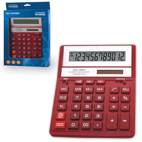 Калькулятор CITIZEN настольный SDC-888ХRD, 12 разр., двойное питание, 205х159мм,КРАСНЫЙ,оригинальный