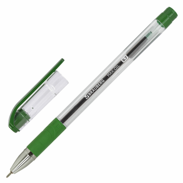 Ручка шариковая масляная с грипом BRAUBERG "Max-Oil", ЗЕЛЕНАЯ, игольч узел 0,7 мм, лин письма 0,35мм