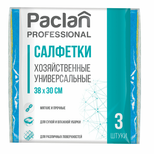 Салфетки универсальные, 30х38 см, КОМПЛЕКТ 3 шт., 90 г/м2, вискоза, PACLAN Professional 