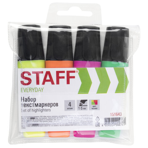 Набор текстовыделителей STAFF "EVERYDAY", 4 шт., АССОРТИ, скошенный наконечник 1-5 мм, 151643