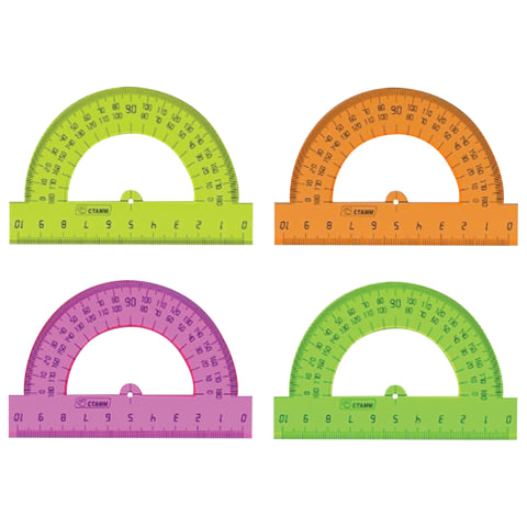 Транспортир 10 см, 180 градусов, пластик, СТАММ, тонированный, ассорти 4 цвета, ТР11
