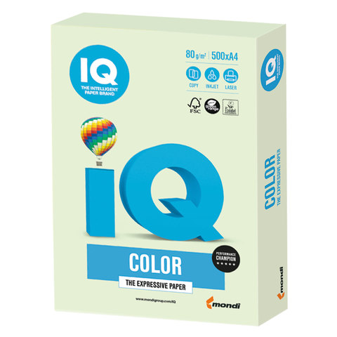 Бумага IQ color, А4, 80 г/м2, 500 л., пастель, светло-зеленая, GN27