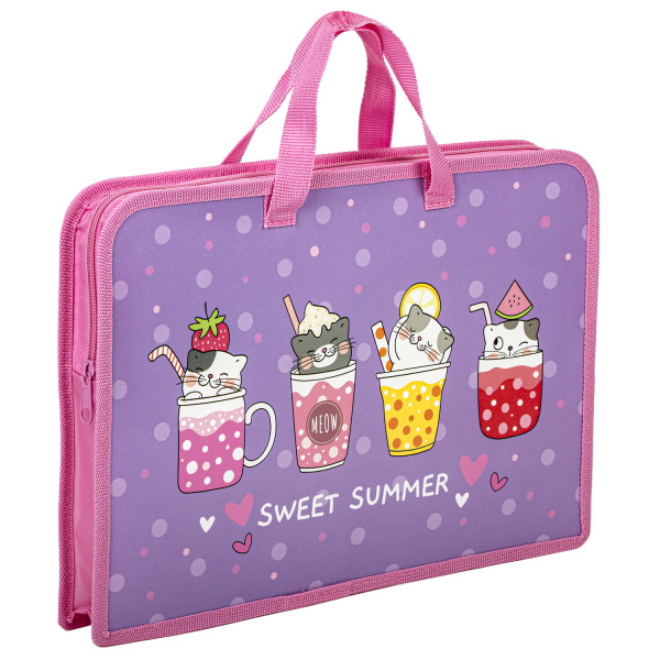 Папка на молнии с ручками ЮНЛАНДИЯ А4, 1 отделение, пластик, ширина 45 мм, Sweet, 270947