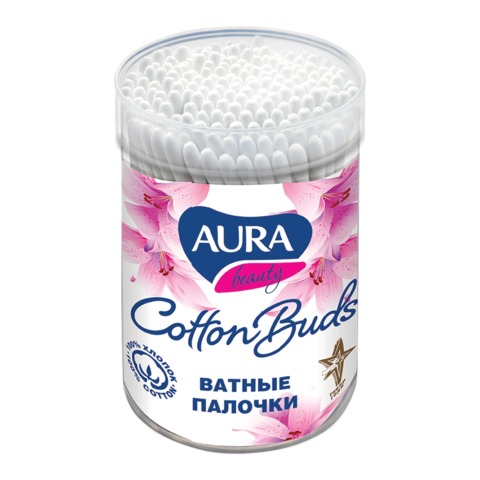 Ватные палочки 100 шт., AURA, пластиковый стакан, 6358, 6441 