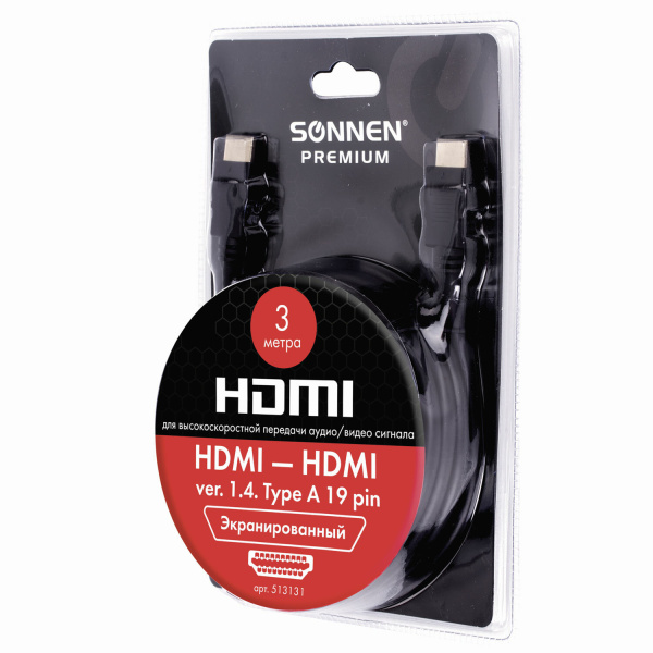 Кабель HDMI AM-AM, 3м, SONNEN Premium, медь, для передачи аудио-видео,  экранированный, 513131