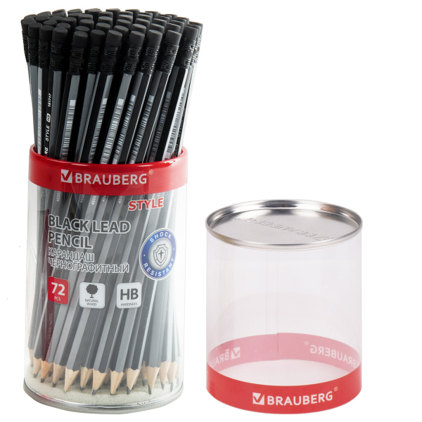Карандаш чернографитный BRAUBERG "Style", 1 шт., HB, с ластиком, корпус черно-серый, 181717 
