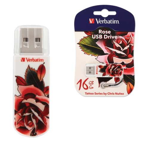 Флэш-диск 16 GB, VERBATIM Mini Tattoo Edition Rose, USB 2.0, белый с рисунком