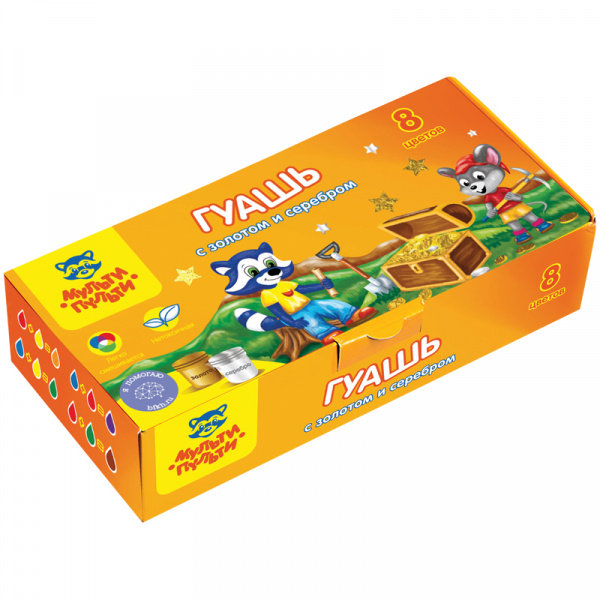 Гуашь Мульти-Пульти "Приключения Енота", 08 цветов с золотом и серебром, 20мл, картон