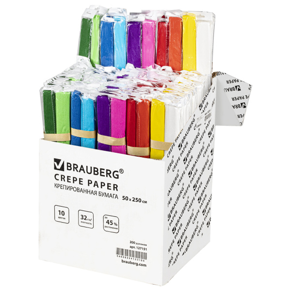 Цветная бумага КРЕПИРОВАННАЯ BRAUBERG, ПЛОТНАЯ, АССОРТИ 10 цветов, растяжение до 45%,50*250см,127151 Цветная бумага КРЕПИРОВАННАЯ BRAUBERG, ПЛОТНАЯ, АССОРТИ 10 цветов, растяжение до 45%,50*250см,127151
