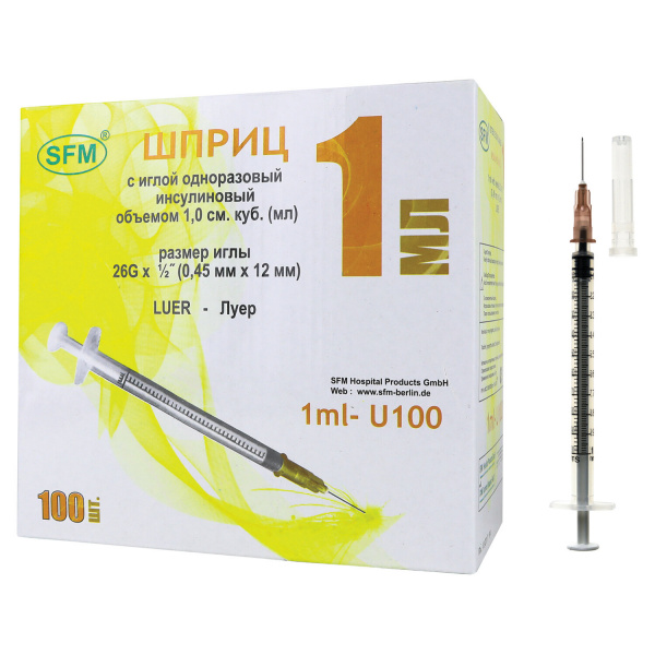 Шприц инсулиновый SFM, 1 мл. КОМПЛЕКТ 100 шт. в коробке, U-100 игла 0,45х12 - 26G, ш/к08021