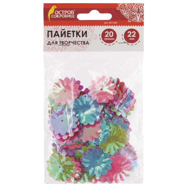 Пайетки для творчества "Цветы", яркие, цвет ассорти, 5 цветов, 22 мм, 20 грамм, ОСТРОВ СОКРОВИЩ, 661