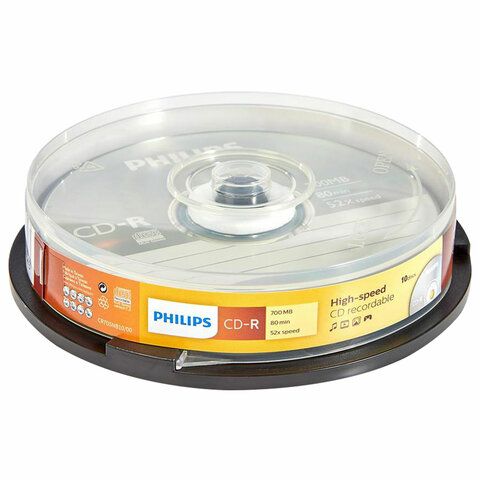 Диски CD-R PHILIPS, 700 Мб, 52x, Cake Box (упаковка на шпиле), КОМПЛЕКТ 10 шт., CR7D5SB10/97